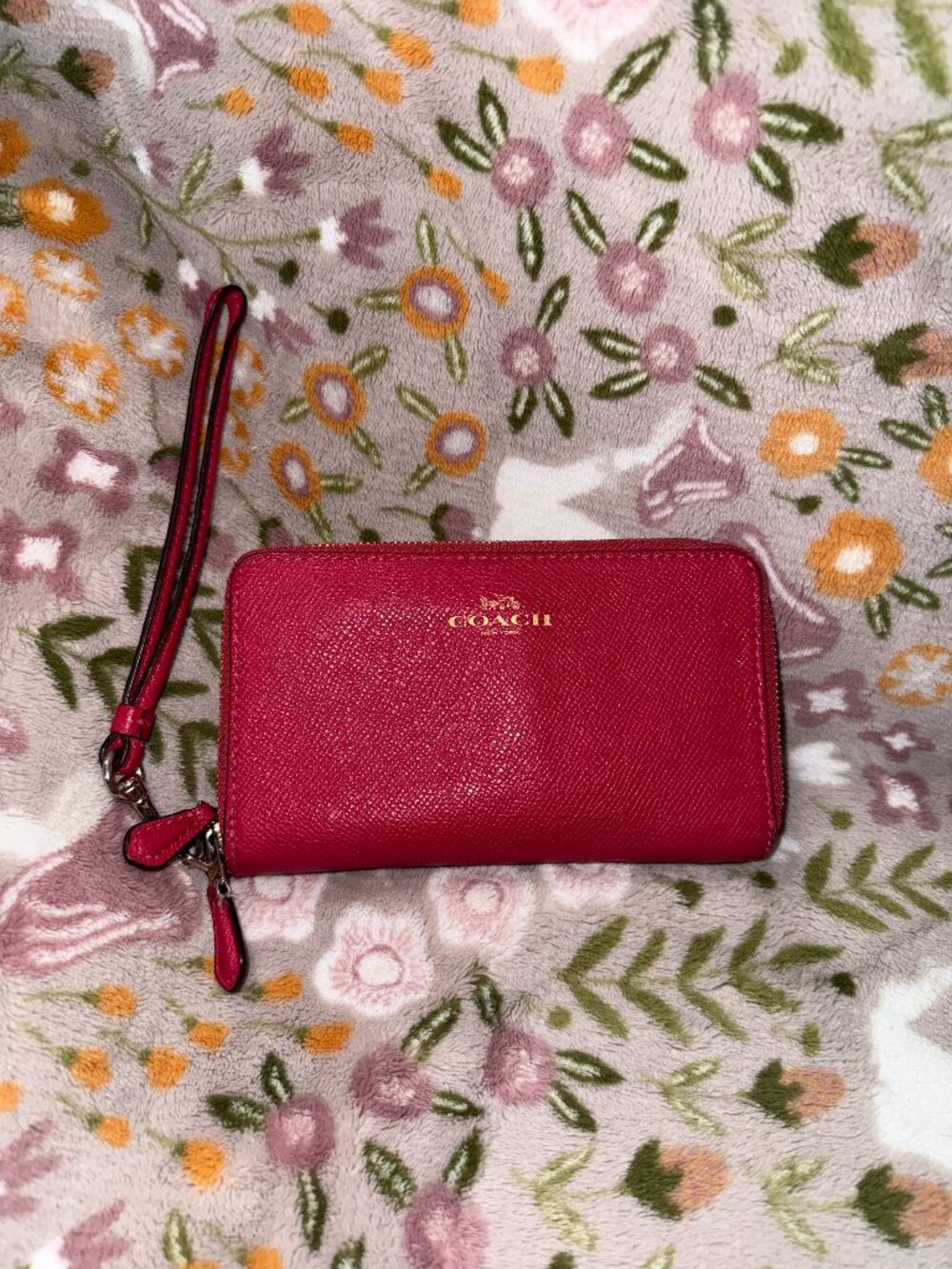 Pink pebbled leather coach zip around wallet